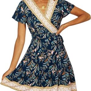 Boho floral v neck wrap dress